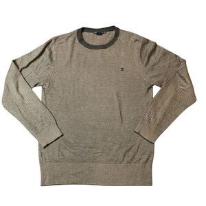 French Connection Mens Striped Knit Long Sleeve Pullover Sweater Gray / Navy Med